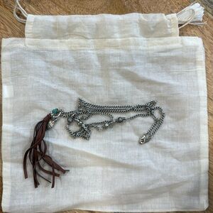 Silver Long chain necklace with leather and turquoise heart charms